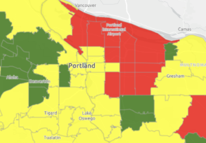 Map of Radon gas levels in Portland, OR
